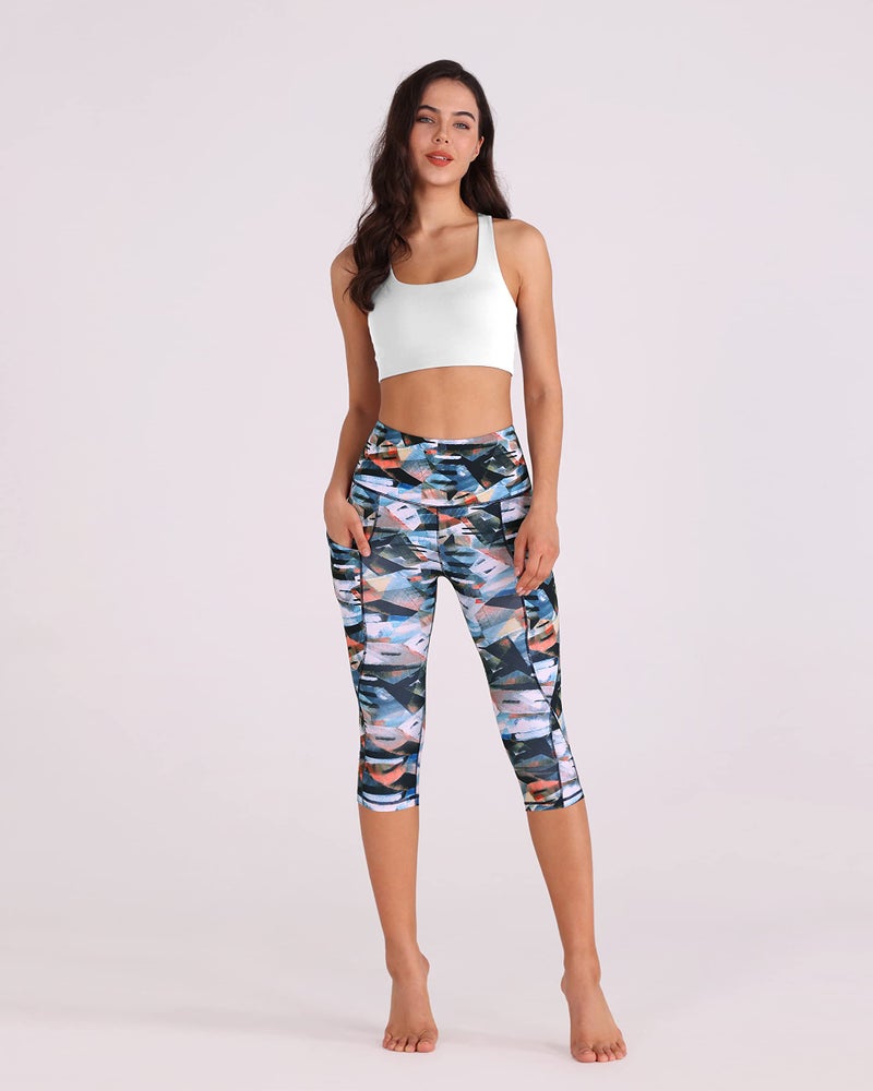 ODODOS Women's High Waisted Pattern Yoga Capri Leggings with Pockets, Tummy Control Non See Through Sports Athletic Workout Running Capris, FineArt, Large - Image 5